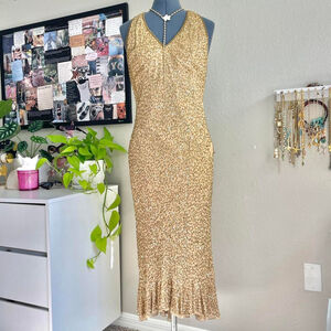 Vintage Gold Beaded Prom Dress Maxi Dress
